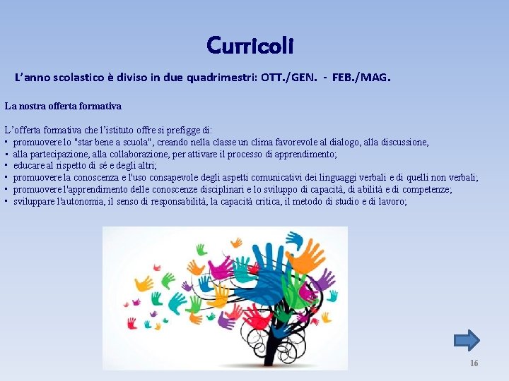 Curricoli L’anno scolastico è diviso in due quadrimestri: OTT. /GEN. - FEB. /MAG. La