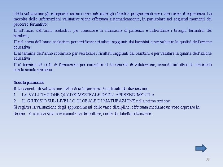 Nella valutazione gli insegnanti usano come indicatori gli obiettivi programmati per i vari campi