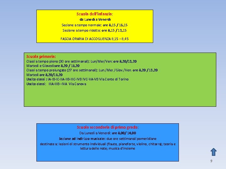 Scuola dell’infanzia: da Lunedì a Venerdì Sezione a tempo normale: ore 8, 15 /