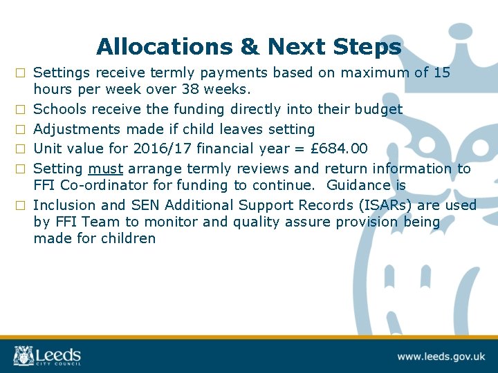 □ □ □ Allocations & Next Steps Settings receive termly payments based on maximum