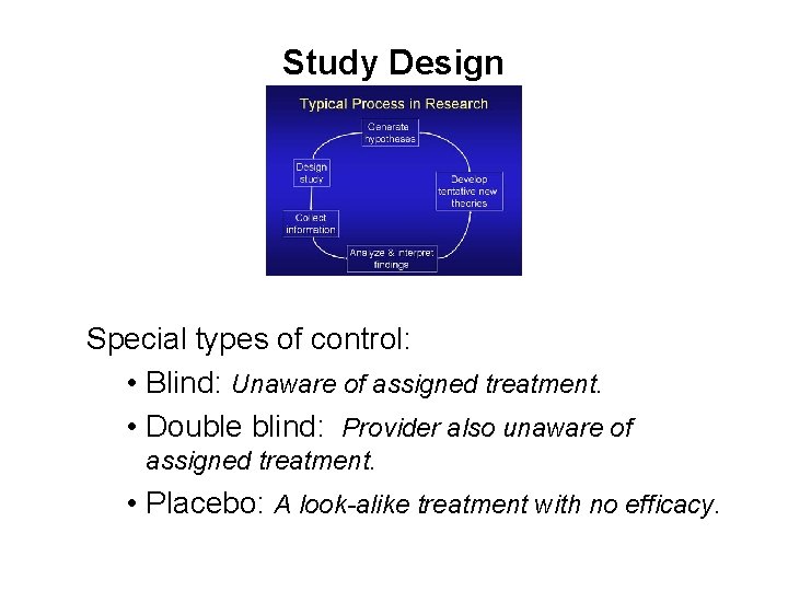 Study Design Special types of control: • Blind: Unaware of assigned treatment. • Double