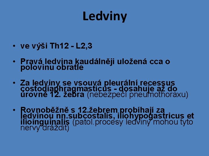 Ledviny • ve výši Th 12 - L 2, 3 • Pravá ledvina kaudálněji