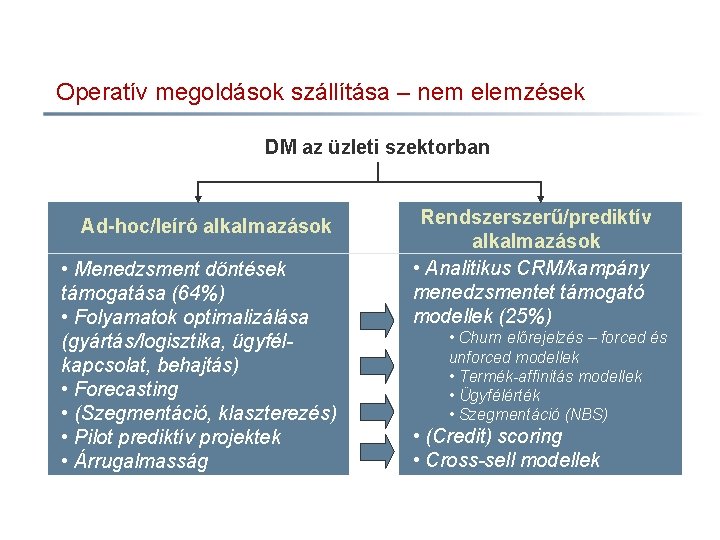 Operatív megoldások szállítása – nem elemzések DM az üzleti szektorban Ad-hoc/leíró alkalmazások • Menedzsment