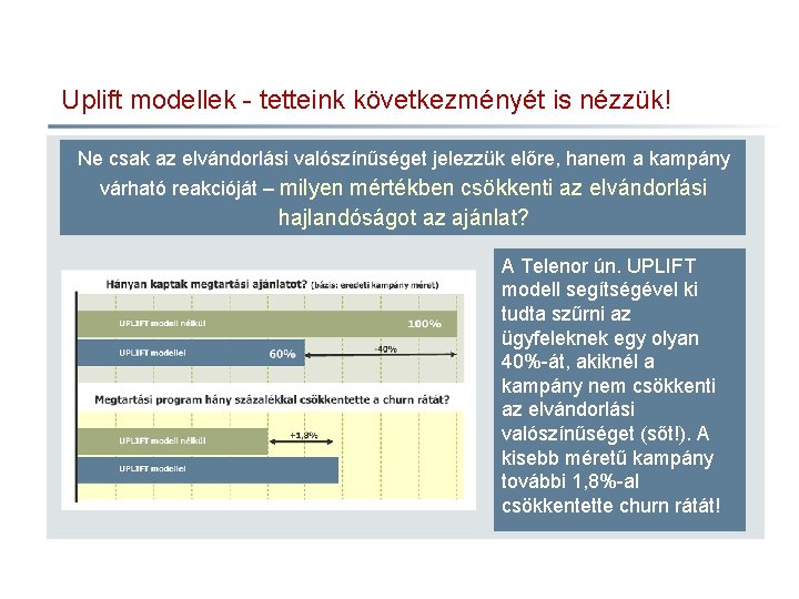 Uplift modellek - tetteink következményét is nézzük! Ne csak az elvándorlási valószínűséget jelezzük előre,