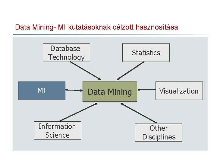 Data Mining- MI kutatásoknak célzott hasznosítása Database Technology MI Information Science Statistics Data Mining