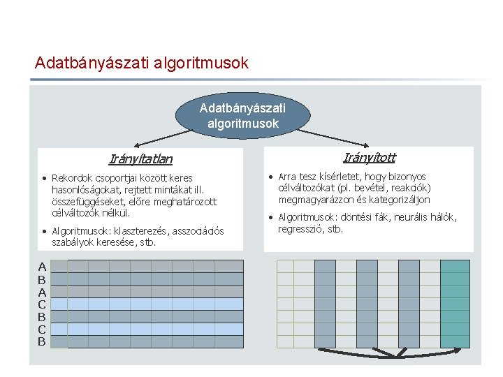 Adatbányászati algoritmusok Irányítatlan • Rekordok csoportjai között keres hasonlóságokat, rejtett mintákat ill. összefüggéseket, előre