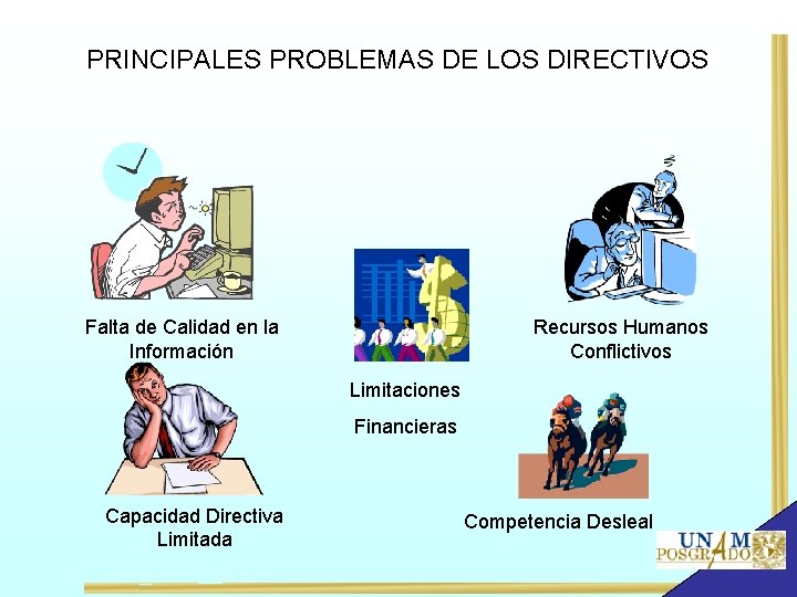 PRINCIPALES PROBLEMAS DE LOS DIRECTIVOS Falta de Calidad en la Información Recursos Humanos Conflictivos