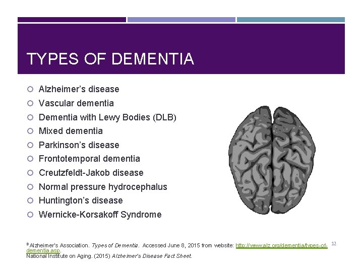 TYPES OF DEMENTIA Alzheimer’s disease Vascular dementia Dementia with Lewy Bodies (DLB) Mixed dementia