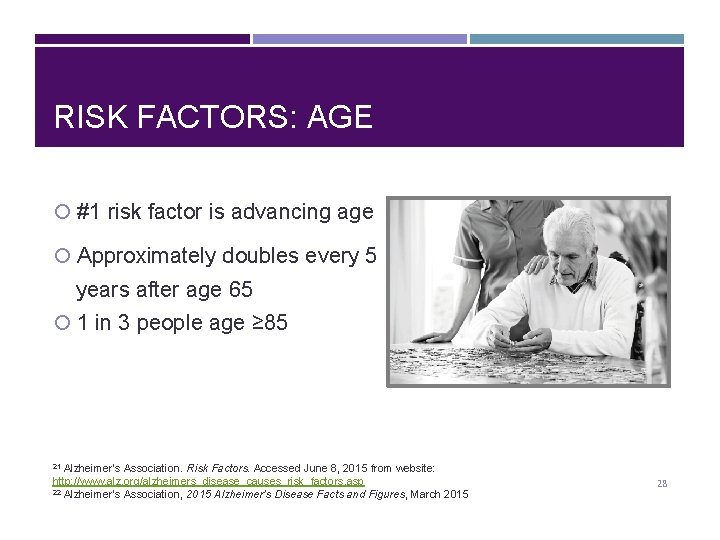 RISK FACTORS: AGE #1 risk factor is advancing age Approximately doubles every 5 years