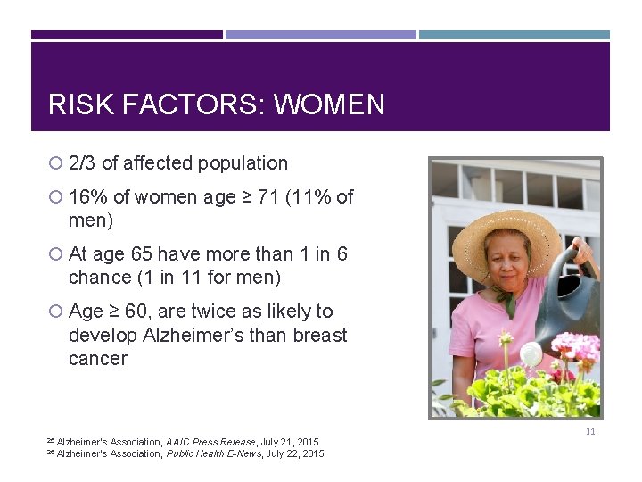 RISK FACTORS: WOMEN 2/3 of affected population 16% of women age ≥ 71 (11%