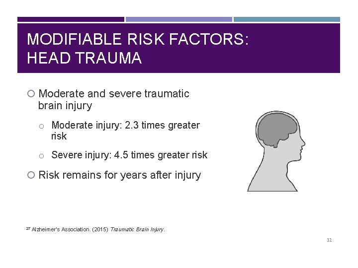 MODIFIABLE RISK FACTORS: HEAD TRAUMA Moderate and severe traumatic brain injury o Moderate injury: