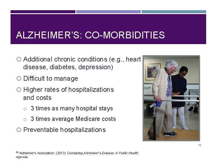 ALZHEIMER’S: CO-MORBIDITIES Additional chronic conditions (e. g. , heart disease, diabetes, depression) Difficult to