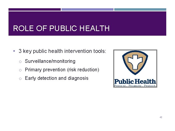 ROLE OF PUBLIC HEALTH § 3 key public health intervention tools: o Surveillance/monitoring o