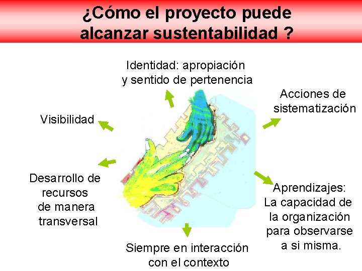 ¿Cómo el proyecto puede alcanzar sustentabilidad ? Identidad: apropiación y sentido de pertenencia Acciones