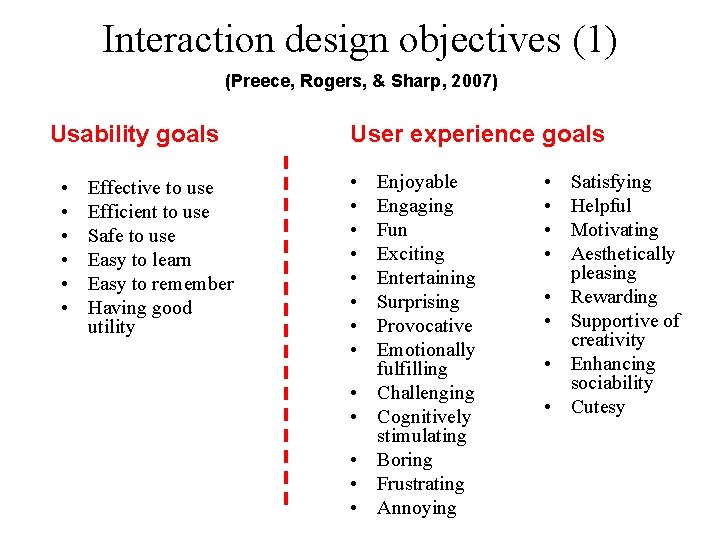 Interaction design objectives (1) (Preece, Rogers, & Sharp, 2007) Usability goals • • •