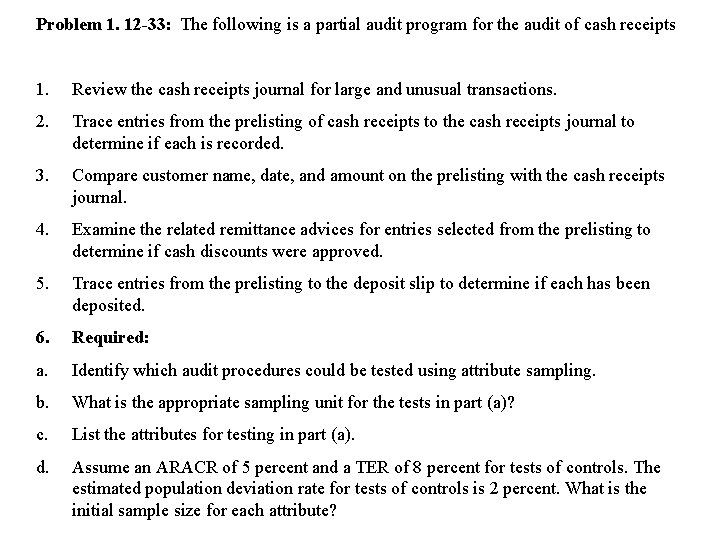 Problem 1. 12 -33: The following is a partial audit program for the audit