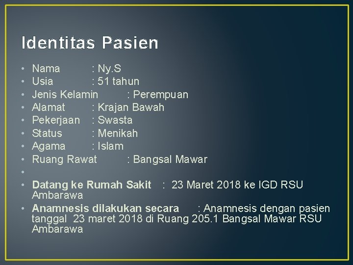 Identitas Pasien • • • Nama : Ny. S Usia : 51 tahun Jenis
