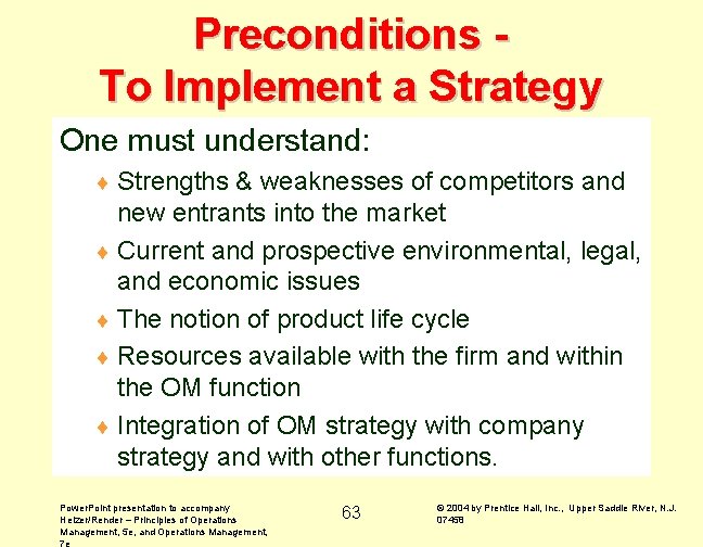 Preconditions To Implement a Strategy One must understand: ¨ Strengths & weaknesses of competitors