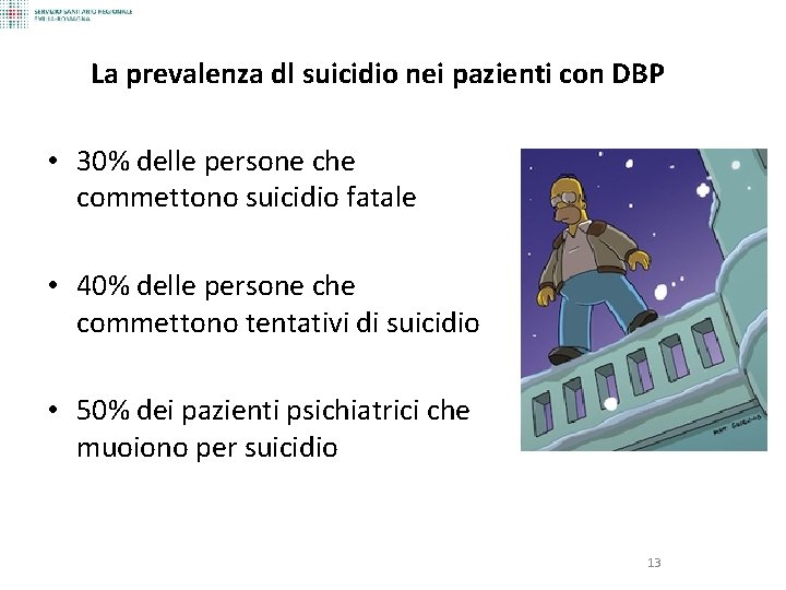 La prevalenza dl suicidio nei pazienti con DBP • 30% delle persone che commettono