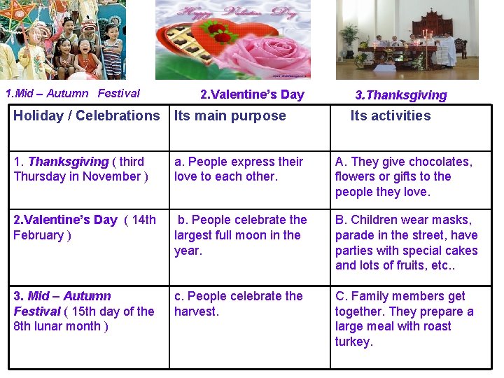 1. Mid – Autumn Festival 2. Valentine’s Day 3. Thanksgiving Holiday / Celebrations Its