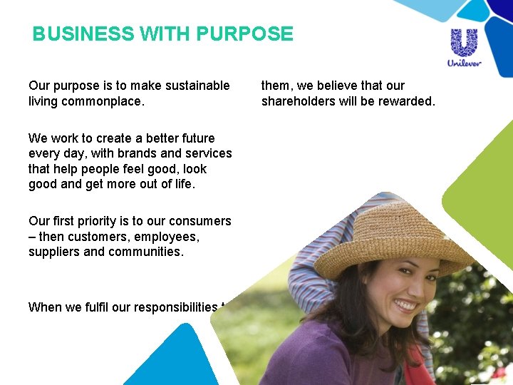 BUSINESS WITH PURPOSE Our purpose is to make sustainable living commonplace. We work to