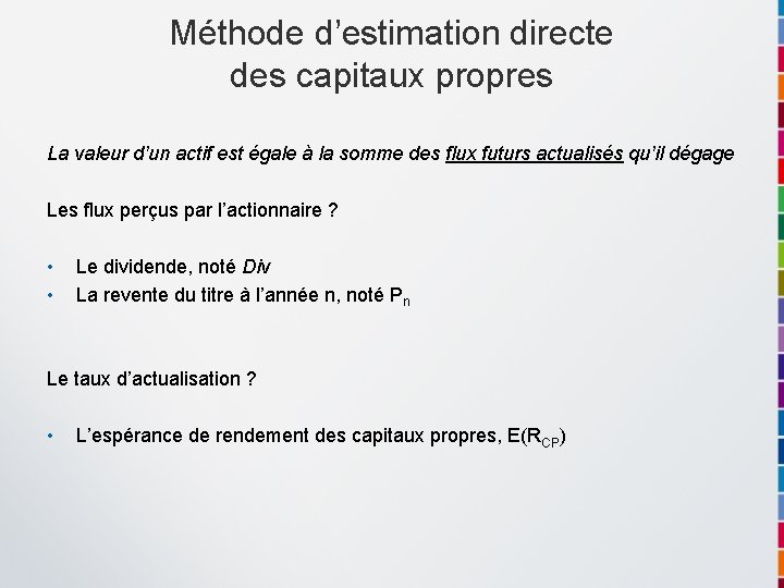 Méthode d’estimation directe des capitaux propres La valeur d’un actif est égale à la