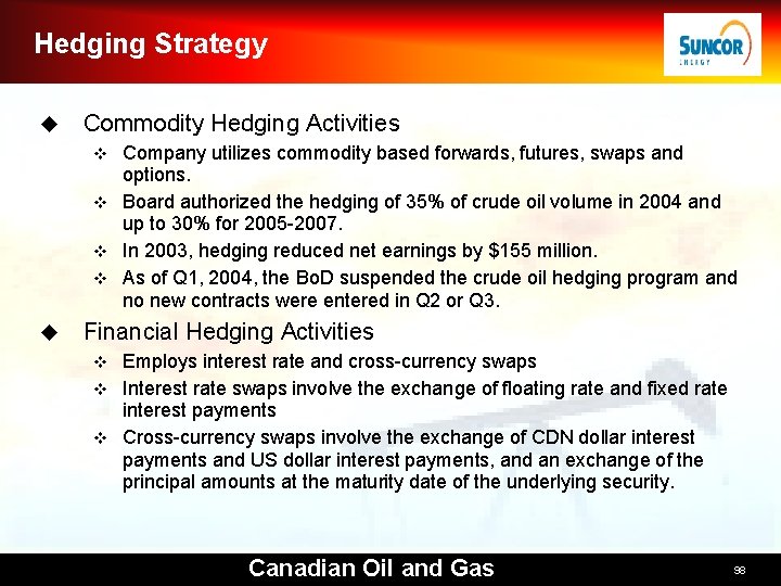 Hedging Strategy u Commodity Hedging Activities Company utilizes commodity based forwards, futures, swaps and Hedging Strategy u Commodity Hedging Activities Company utilizes commodity based forwards, futures, swaps and