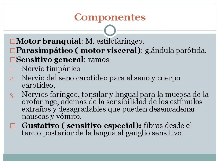 Componentes �Motor branquial: M. estilofaríngeo. �Parasimpático ( motor visceral): glándula parótida. �Sensitivo general: ramos: