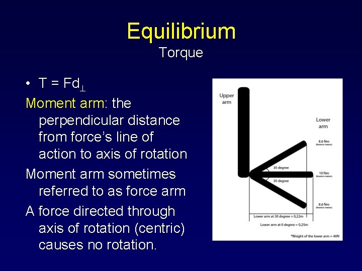 Equilibrium Torque • T = Fd Moment arm: the perpendicular distance from force’s line