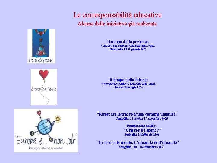 Le corresponsabilità educative Alcune delle iniziative già realizzate Il tempo della pazienza Convegno per