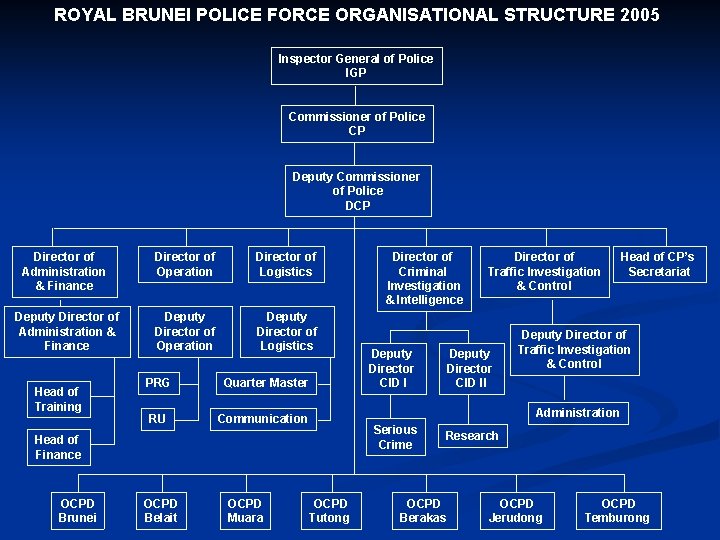 ROYAL BRUNEI POLICE FORCE ORGANISATIONAL STRUCTURE 2005 Inspector General of Police IGP Commissioner of