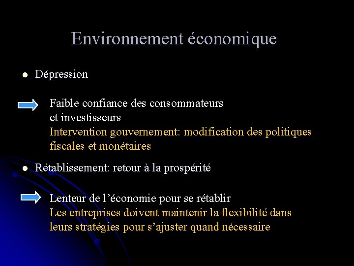 Environnement économique l Dépression Faible confiance des consommateurs et investisseurs Intervention gouvernement: modification des