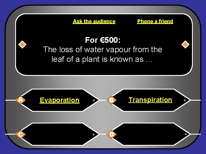 Ask the audience Phone a friend For € 500: The loss of water vapour