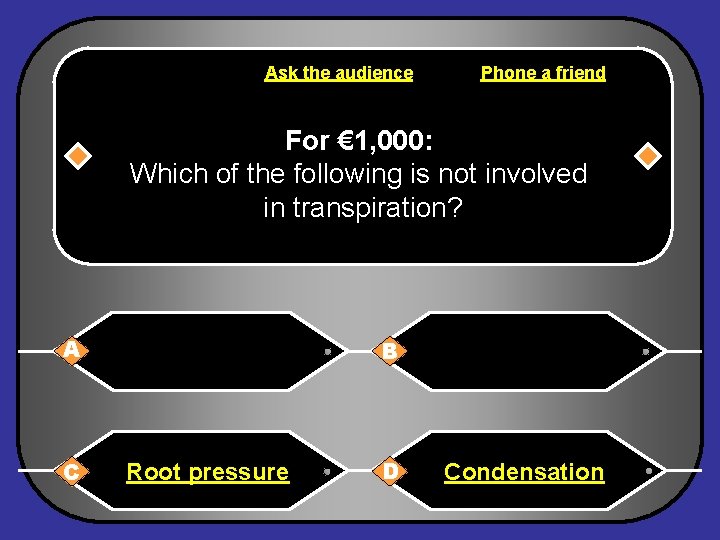 Ask the audience Phone a friend For € 1, 000: Which of the following