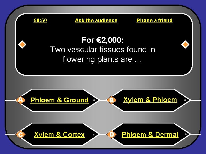 50: 50 Ask the audience Phone a friend For € 2, 000: Two vascular