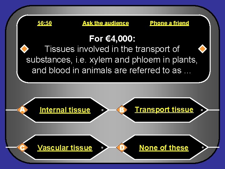 50: 50 Ask the audience Phone a friend For € 4, 000: Tissues involved