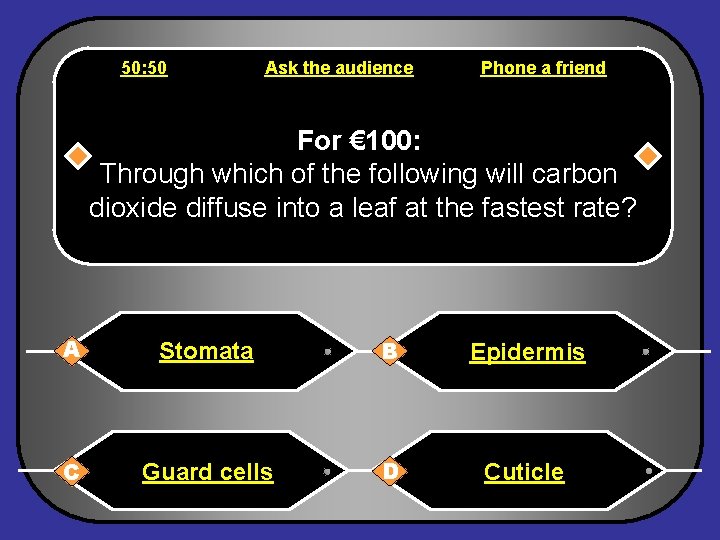 50: 50 Ask the audience Phone a friend For € 100: Through which of