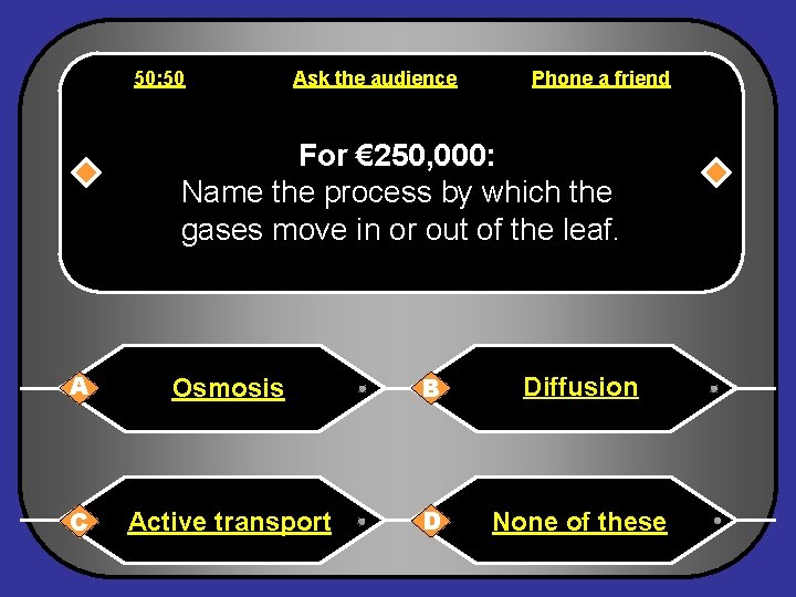 50: 50 Ask the audience Phone a friend For € 250, 000: Name the