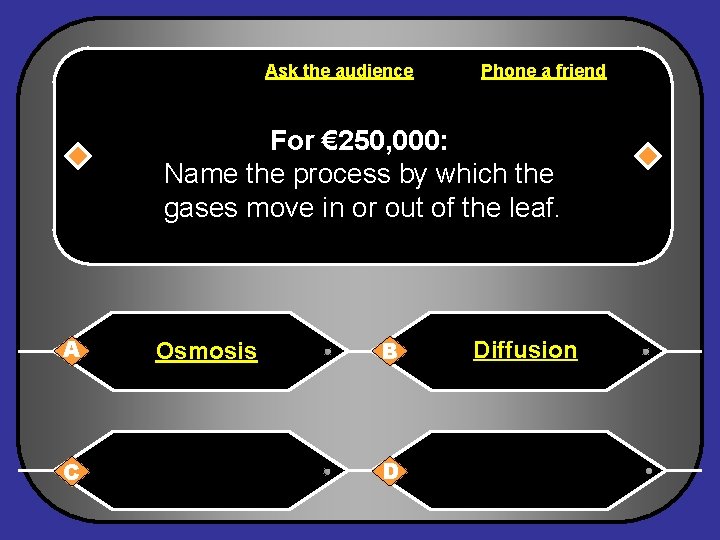 Ask the audience Phone a friend For € 250, 000: Name the process by
