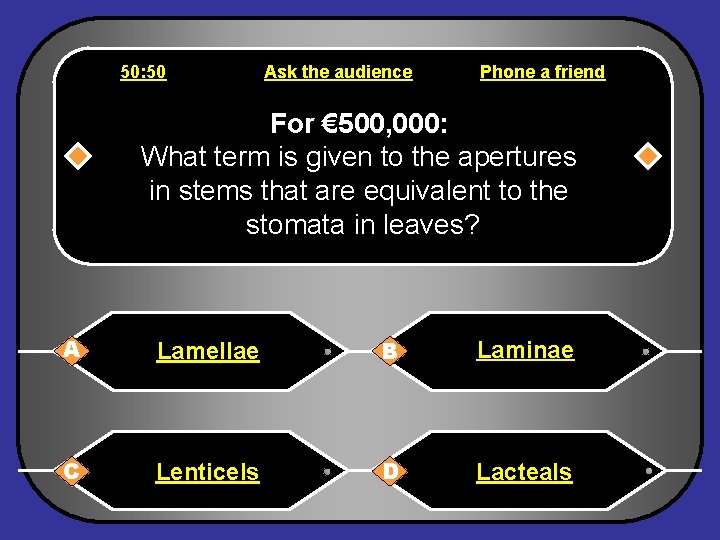 50: 50 Ask the audience Phone a friend For € 500, 000: What term
