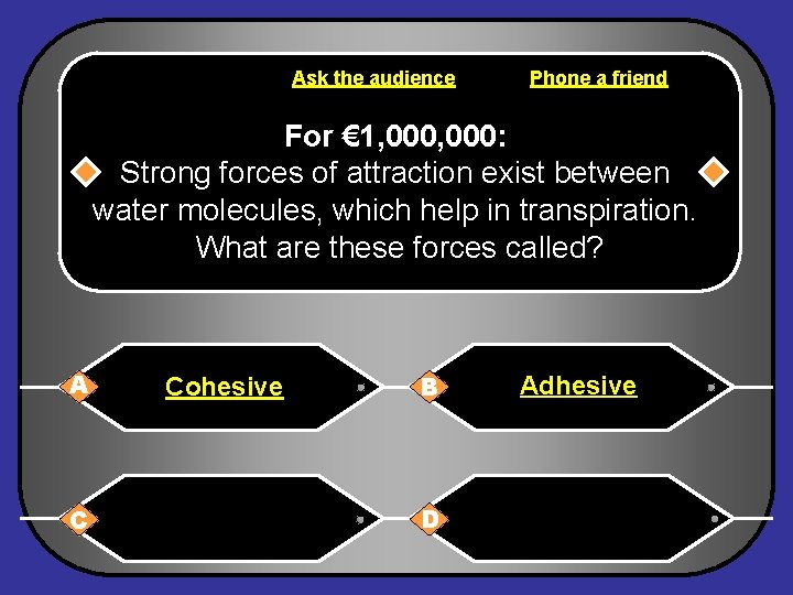 Ask the audience Phone a friend For € 1, 000: Strong forces of attraction