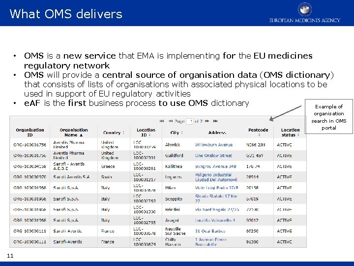 What OMS delivers • • • OMS is a new service that EMA is