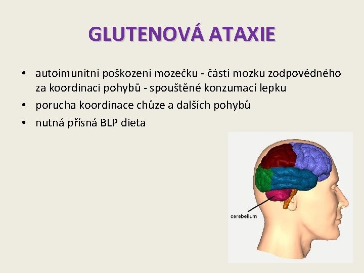 GLUTENOVÁ ATAXIE • autoimunitní poškození mozečku - části mozku zodpovědného za koordinaci pohybů -