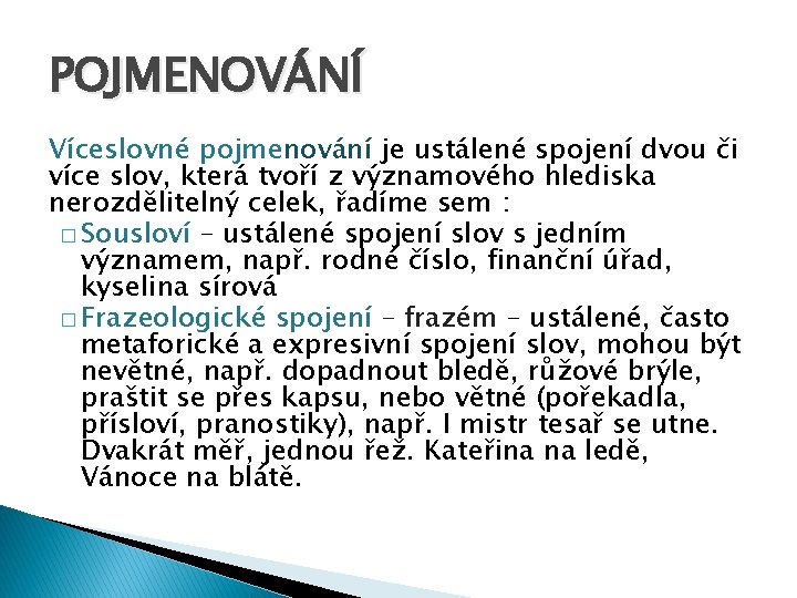 POJMENOVÁNÍ Víceslovné pojmenování je ustálené spojení dvou či více slov, která tvoří z významového