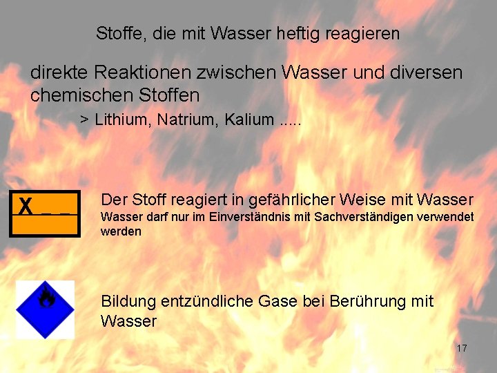 Stoffe, die mit Wasser heftig reagieren direkte Reaktionen zwischen Wasser und diversen chemischen Stoffen