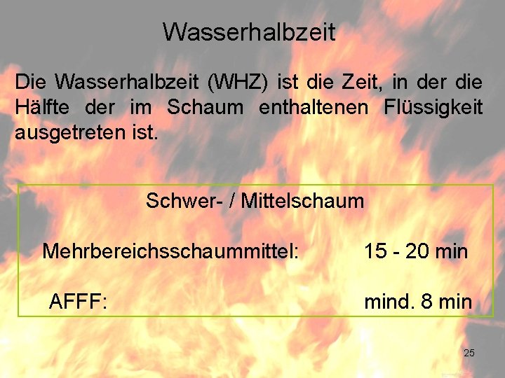 Wasserhalbzeit Die Wasserhalbzeit (WHZ) ist die Zeit, in der die Hälfte der im Schaum