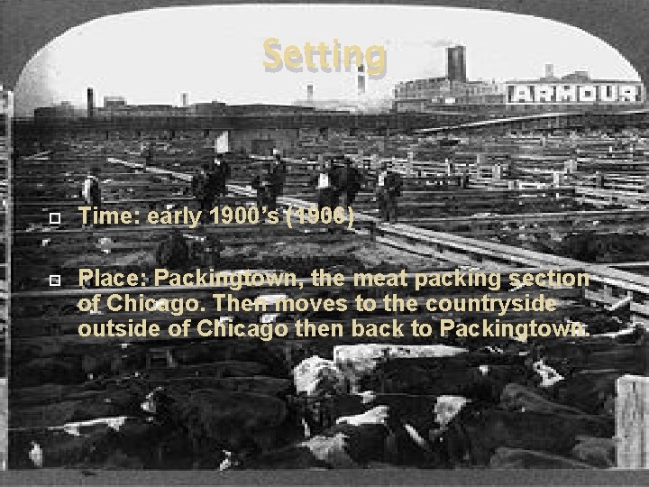 Setting Time: early 1900’s (1906) Place: Packingtown, the meat packing section of Chicago. Then