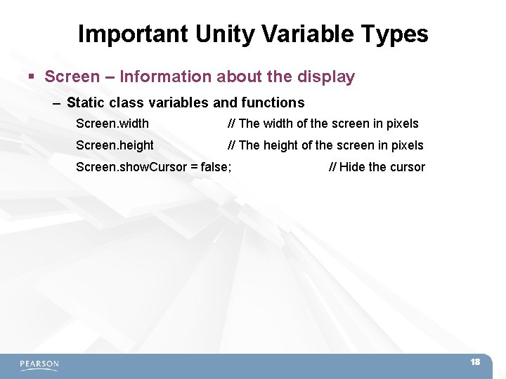 Important Unity Variable Types Screen – Information about the display – Static class variables Important Unity Variable Types Screen – Information about the display – Static class variables