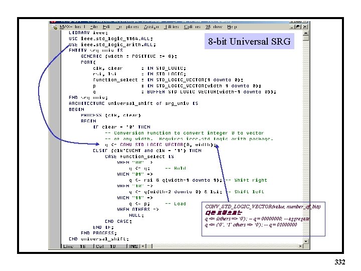 8 -bit Universal SRG CONV_STD_LOGIC_VECTOR(value, number_of_bits) 다른 표현으로는 q <= (others => ‘ 0’);