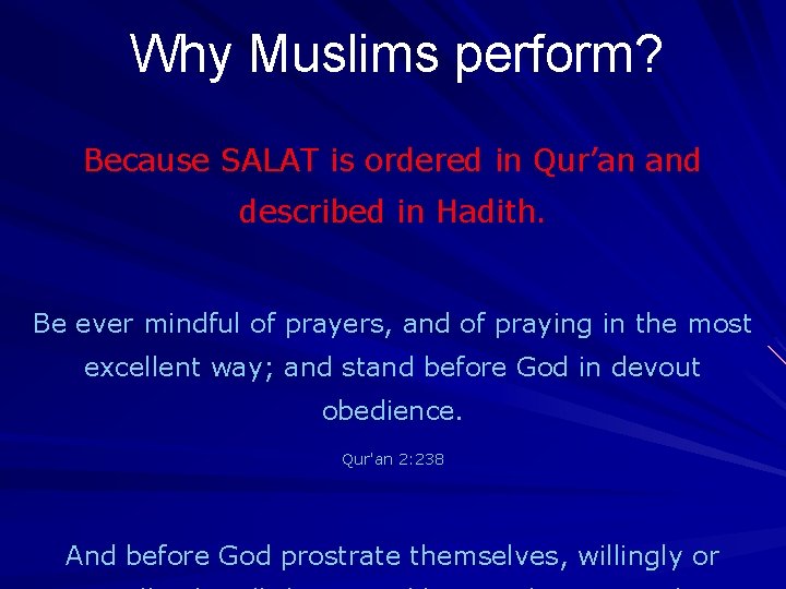 Why Muslims perform? Because SALAT is ordered in Qur’an and described in Hadith. Be